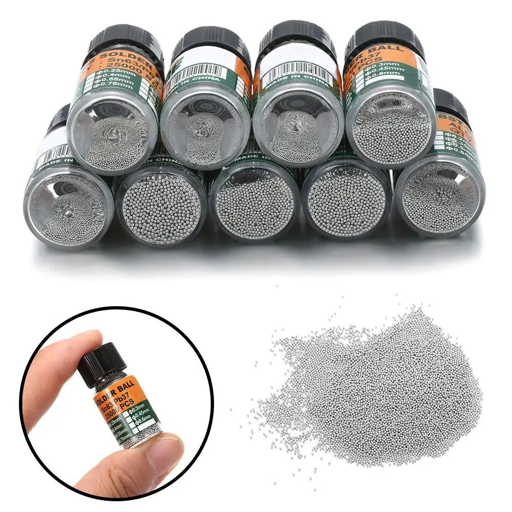25000 piezas/botella 0,2-0,65 mm BGA Bolas de rebote con plomo para micro-soldadura IC, Bola de soldadura Material de estaño Sn63/Pb37 Herramientas de reparación