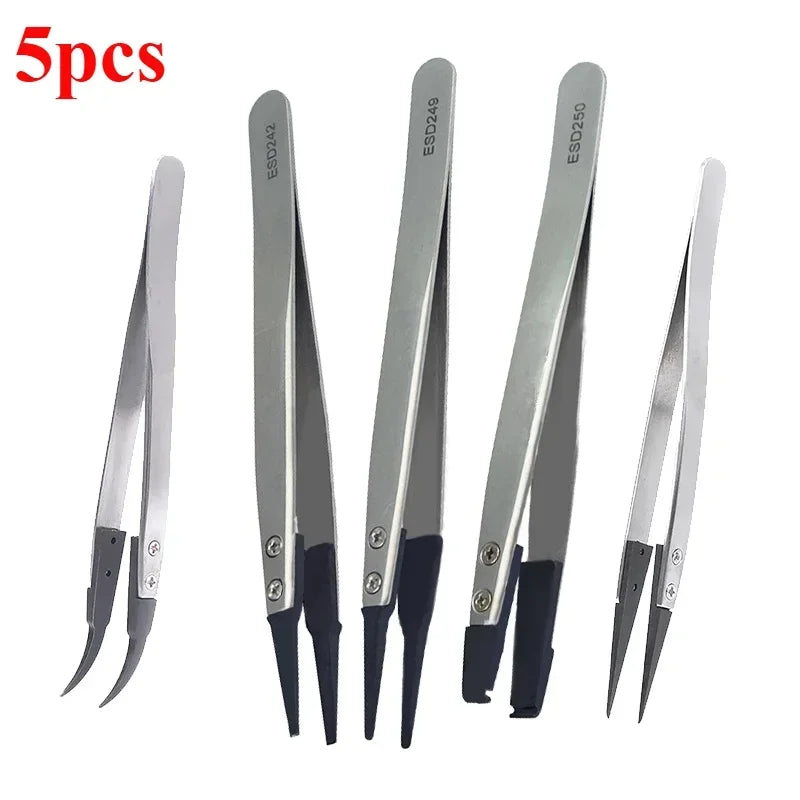 5PC Watch Hands Installation Work Tweezers Straight Elbow Handle Stainless Antistatic Plastic Tweezers ESD-259 ESD-259A ESD-7A