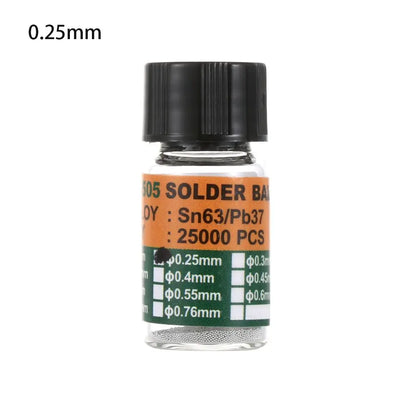 25000 piezas/botella 0,2-0,65 mm BGA Bolas de rebote con plomo para micro-soldadura IC, Bola de soldadura Material de estaño Sn63/Pb37 Herramientas de reparación