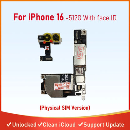 Motherboard For iPhone 16 Pro/16 Pro Max Placa With Face ID 256g /512G Unlocked Cleaned iCloud Physical SIM Version Logic Board