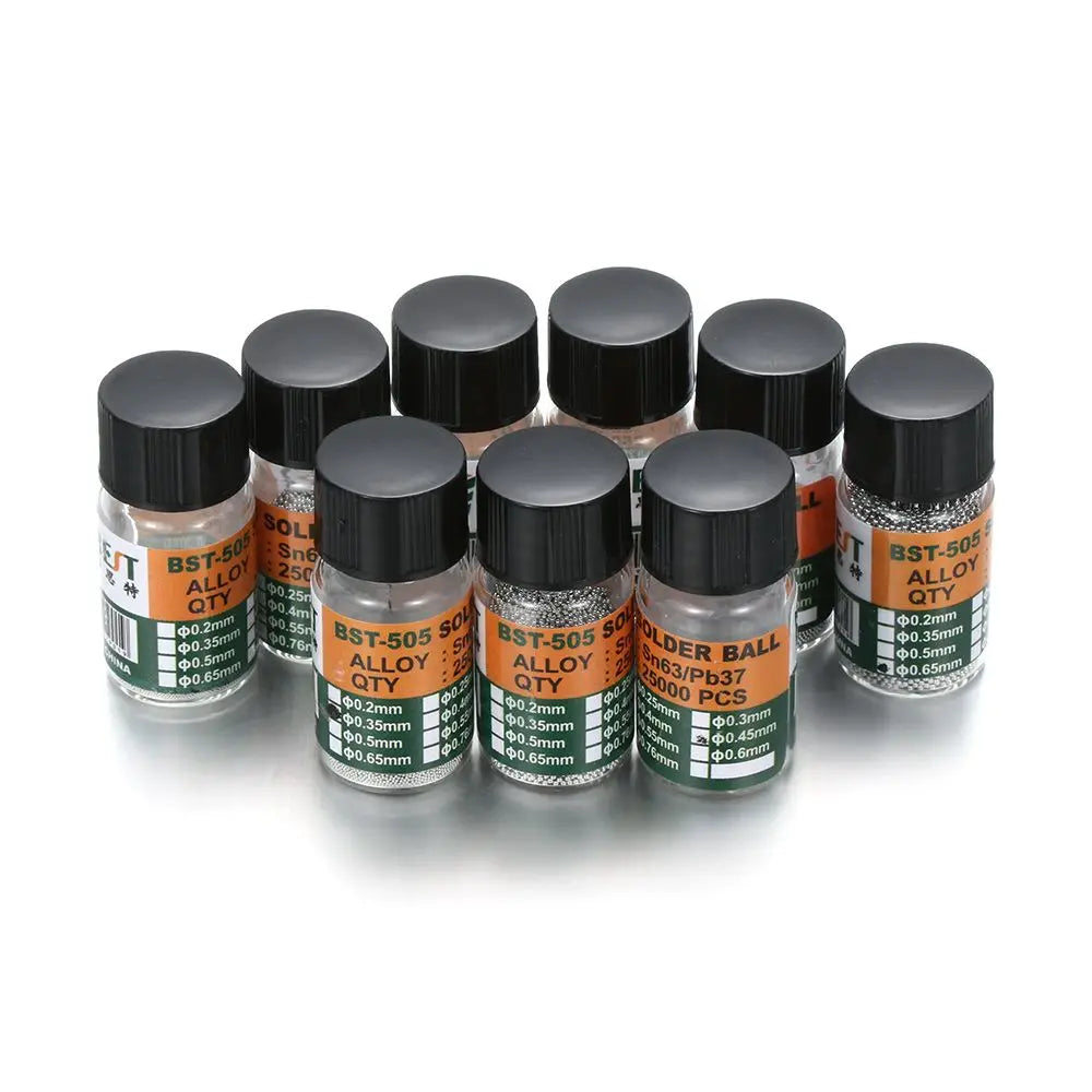 25000 piezas/botella 0,2-0,65 mm BGA Bolas de rebote con plomo para micro-soldadura IC, Bola de soldadura Material de estaño Sn63/Pb37 Herramientas de reparación
