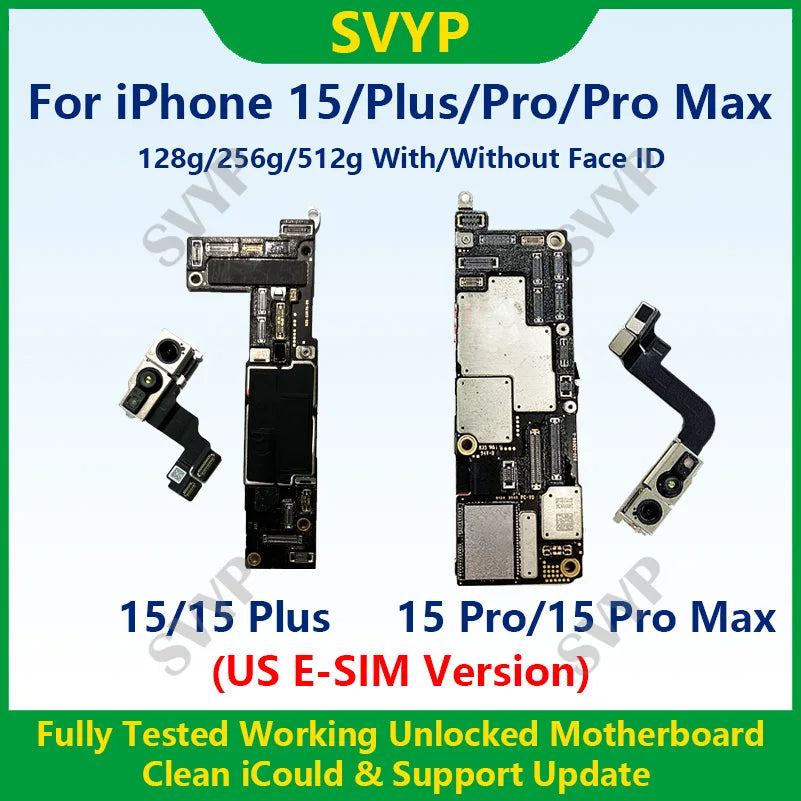 Fully Tested 100%Working Mainboard For iPhone 15 Pro Max Motherboard With Face ID Unlocked And Cleaned iCloud US E-SIM Version