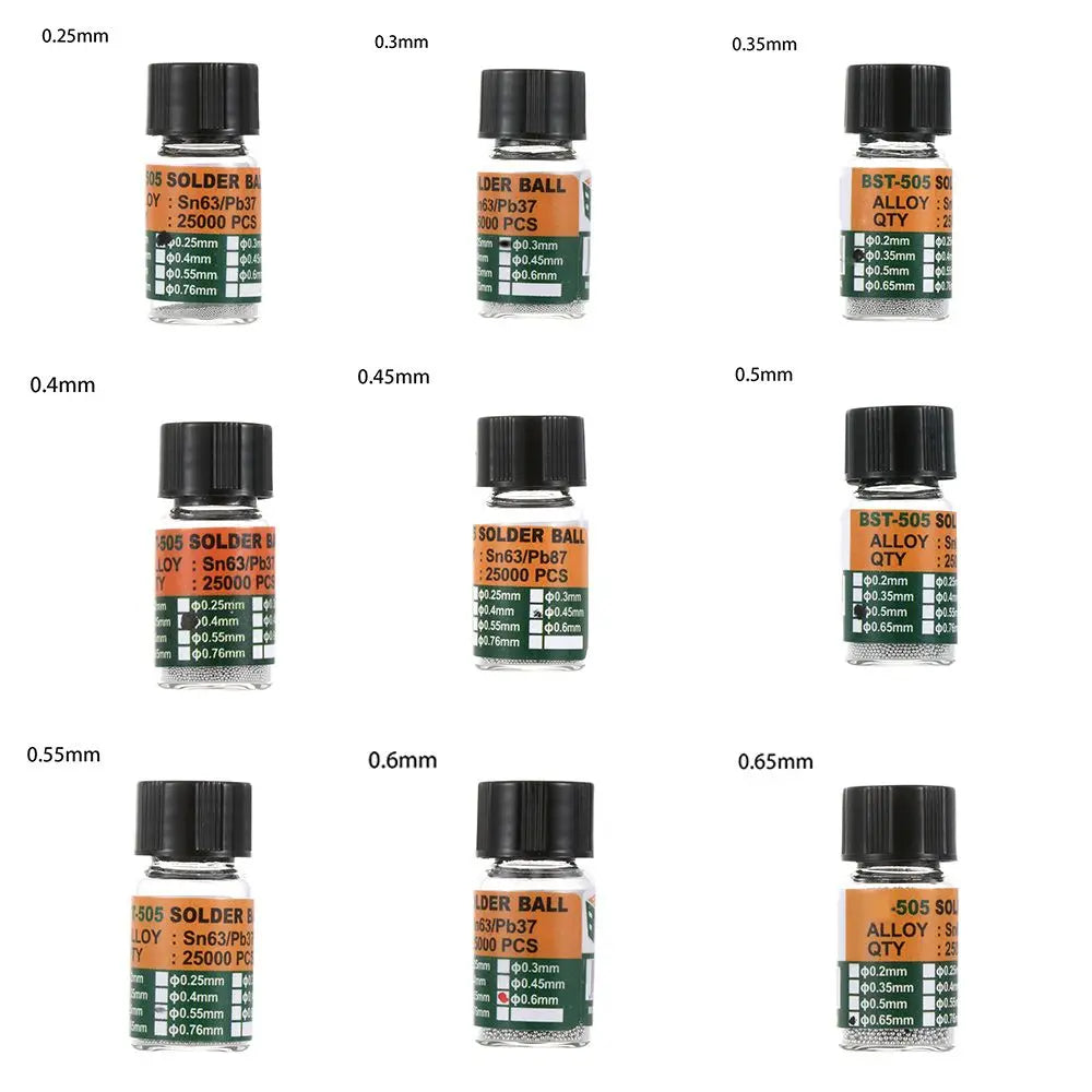 25000 piezas/botella 0,2-0,65 mm BGA Bolas de rebote con plomo para micro-soldadura IC, Bola de soldadura Material de estaño Sn63/Pb37 Herramientas de reparación