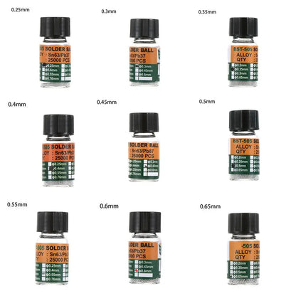 25000 piezas/botella 0,2-0,65 mm BGA Bolas de rebote con plomo para micro-soldadura IC, Bola de soldadura Material de estaño Sn63/Pb37 Herramientas de reparación