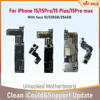 Fully Tested Authentic Mainboard For iPhone 15/15 Pro Max Motherboard With Face ID Unlocked Cleaned iCloud Pysics E SIM Version