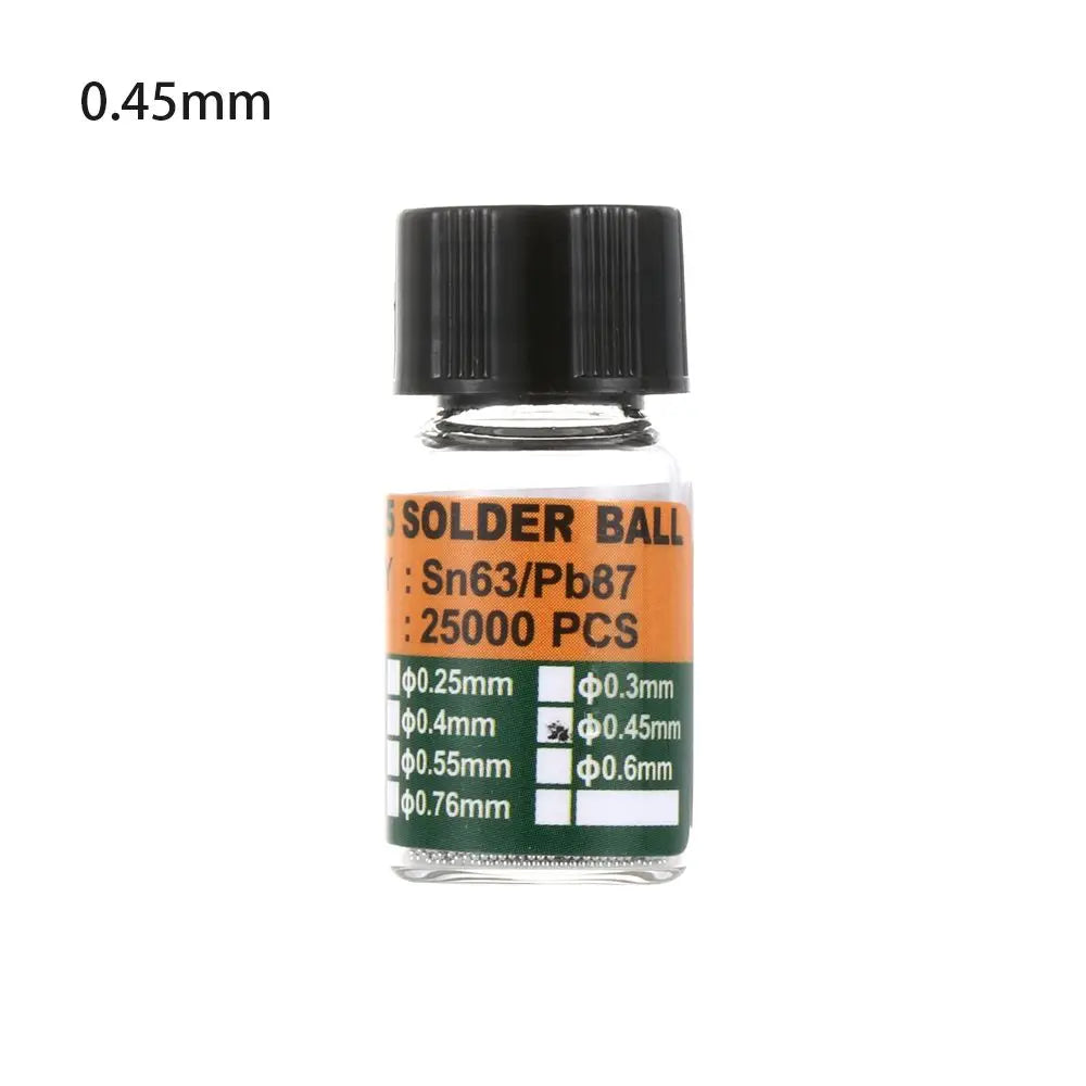25000 piezas/botella 0,2-0,65 mm BGA Bolas de rebote con plomo para micro-soldadura IC, Bola de soldadura Material de estaño Sn63/Pb37 Herramientas de reparación