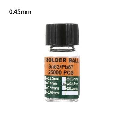 25000 piezas/botella 0,2-0,65 mm BGA Bolas de rebote con plomo para micro-soldadura IC, Bola de soldadura Material de estaño Sn63/Pb37 Herramientas de reparación