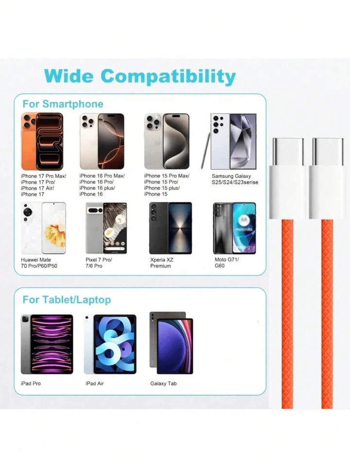Fast Charger Cable Compatible with iPhone 17/16/15 USB-C to Type C Charging Data Cable Nylon Braided 3.3/6.6/10 Feet Long