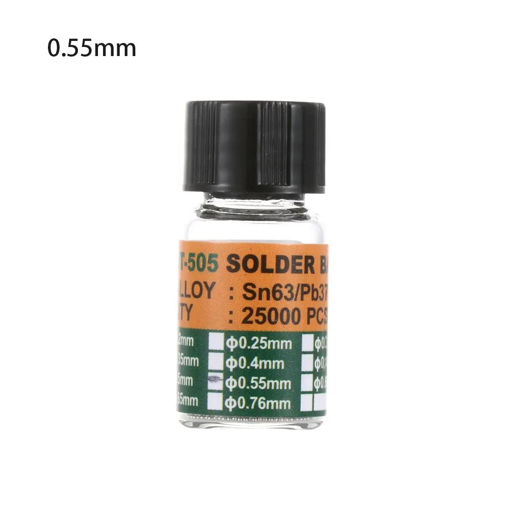25000 piezas/botella 0,2-0,65 mm BGA Bolas de rebote con plomo para micro-soldadura IC, Bola de soldadura Material de estaño Sn63/Pb37 Herramientas de reparación