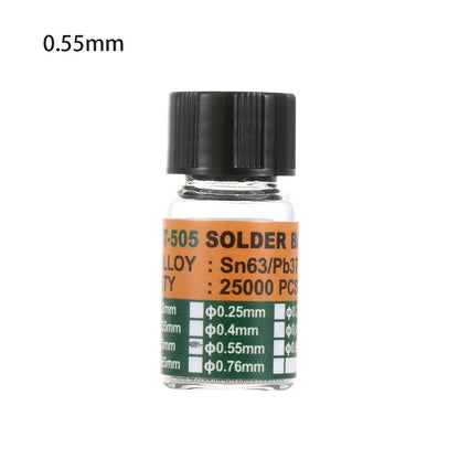25000 piezas/botella 0,2-0,65 mm BGA Bolas de rebote con plomo para micro-soldadura IC, Bola de soldadura Material de estaño Sn63/Pb37 Herramientas de reparación