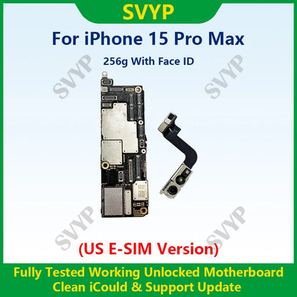 Fully Tested 100%Working Mainboard For iPhone 15 Pro Max Motherboard With Face ID Unlocked And Cleaned iCloud US E-SIM Version